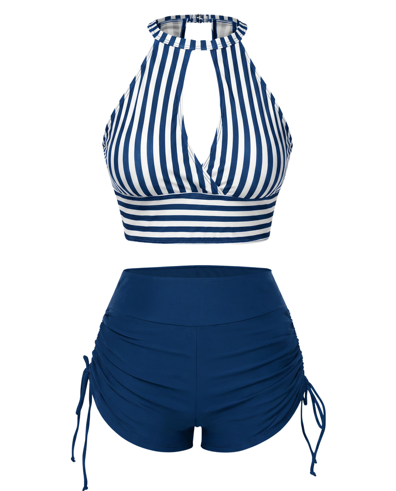 Striped Halter Cutout Bikini Set