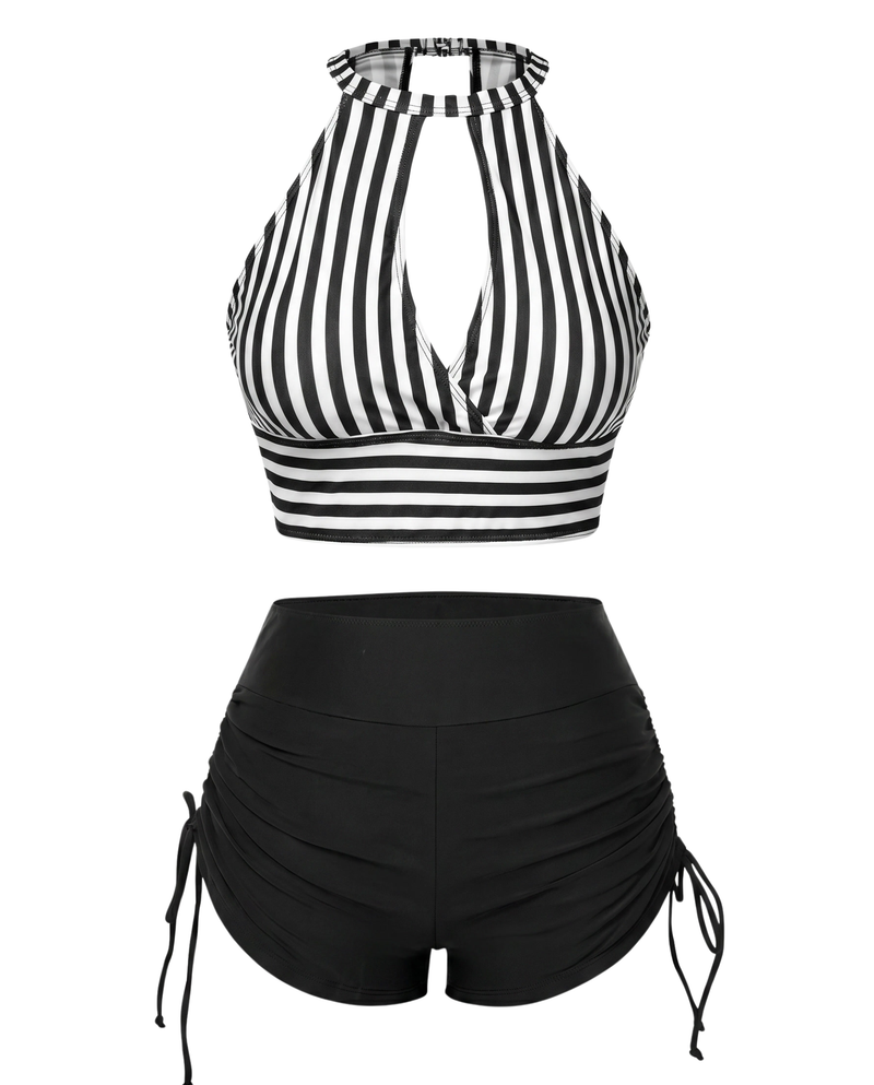 Striped Halter Cutout Bikini Set