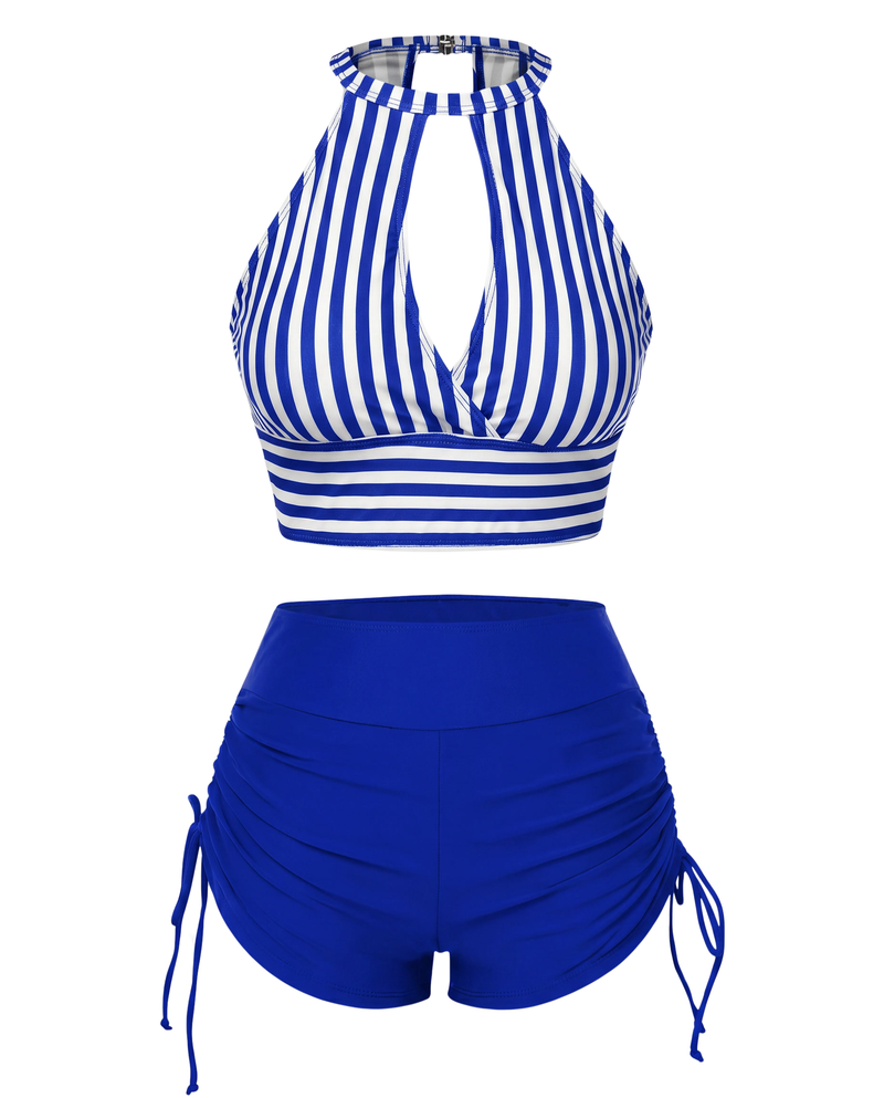 Striped Halter Cutout Bikini Set